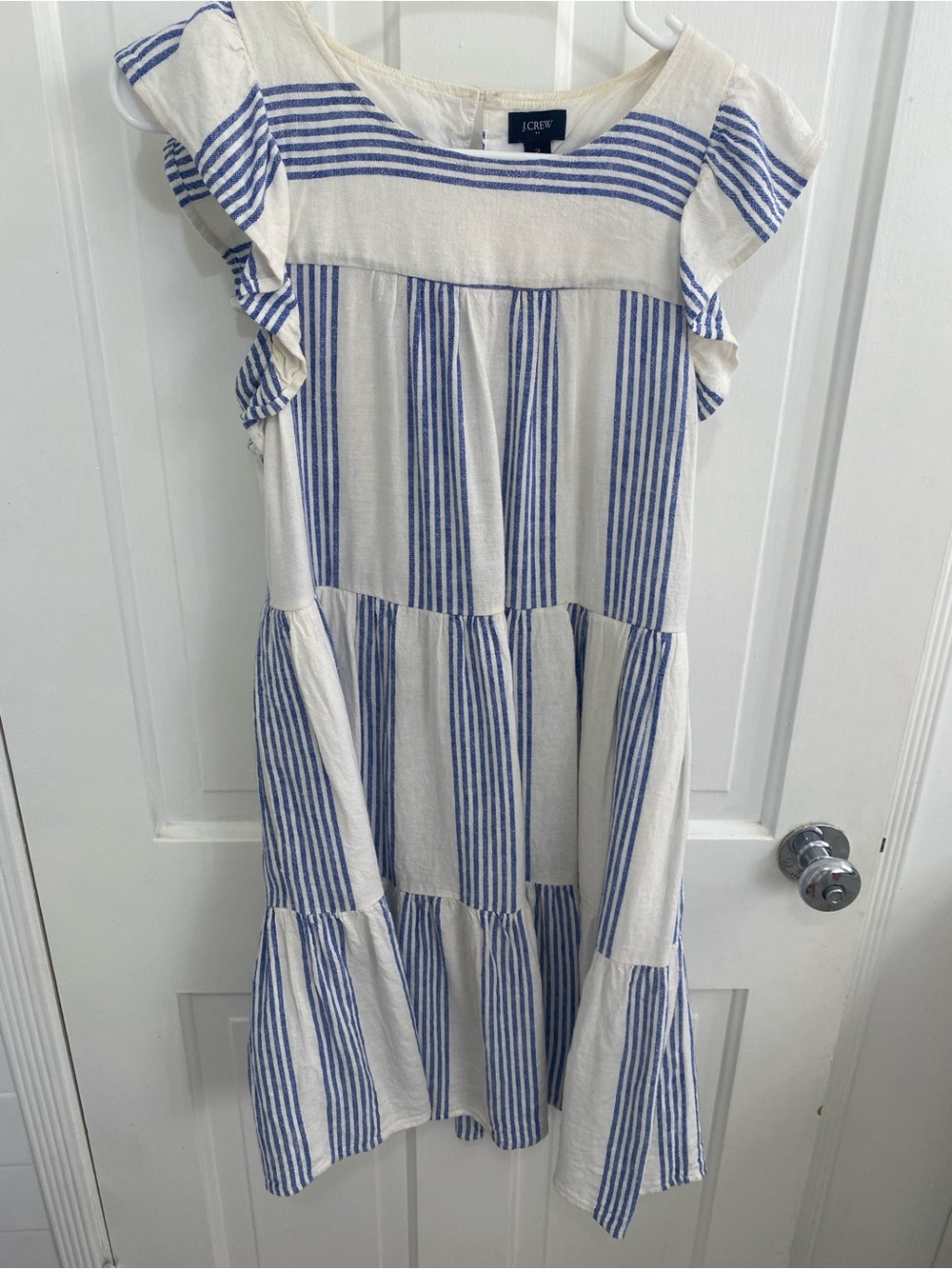J. Crew White and Blue Striped Tiered Ruffle Dress
